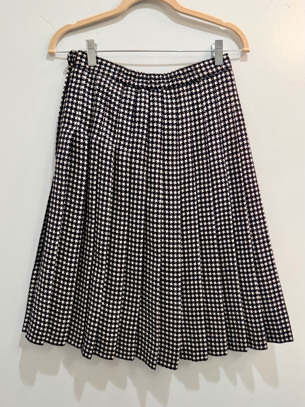 Vintage 70s Houndstooth Pleated Wool Midi Skirt Black White Handmade Lined Sz S - Picture 5 of 13